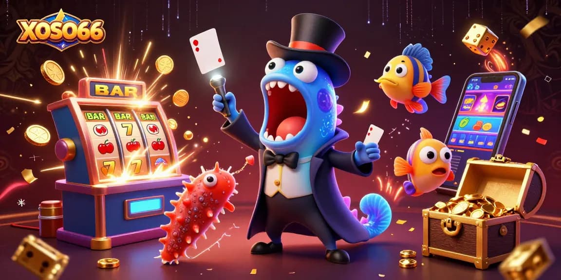 XOSO66's vibrant casino scene showcases a live gambling atmosphere with jackpot excitement and magical elements.