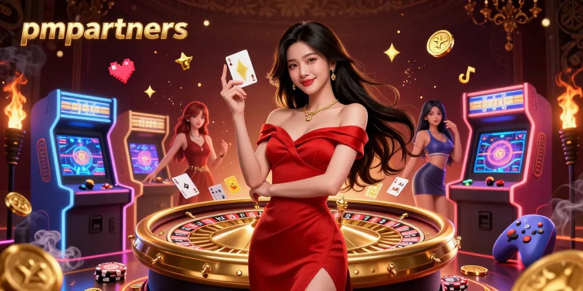 Play to win with pmpartners at the casino featuring a vibrant scene of a young Asian woman and roulette elements.