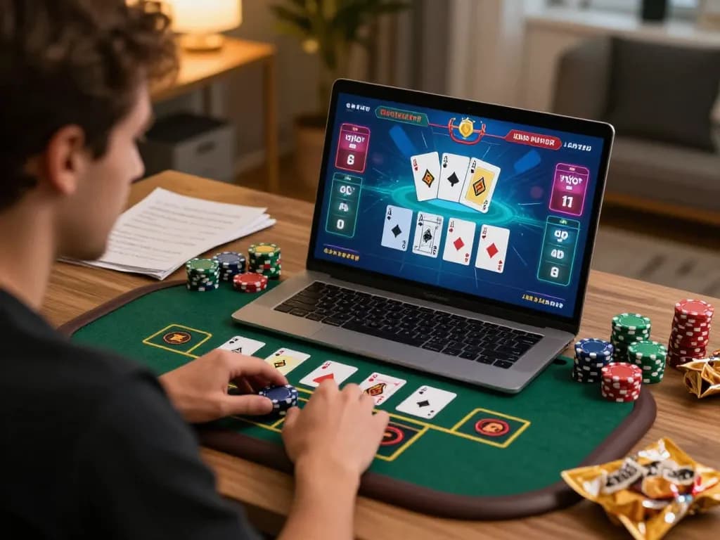 Engaging home setup for FLY88 online blackjack gaming, focusing on player placing strategic bets.