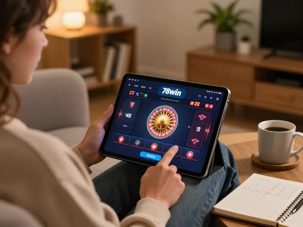 Engaging in online gaming with the 78win app on a tablet at home, showcasing a cozy atmosphere.