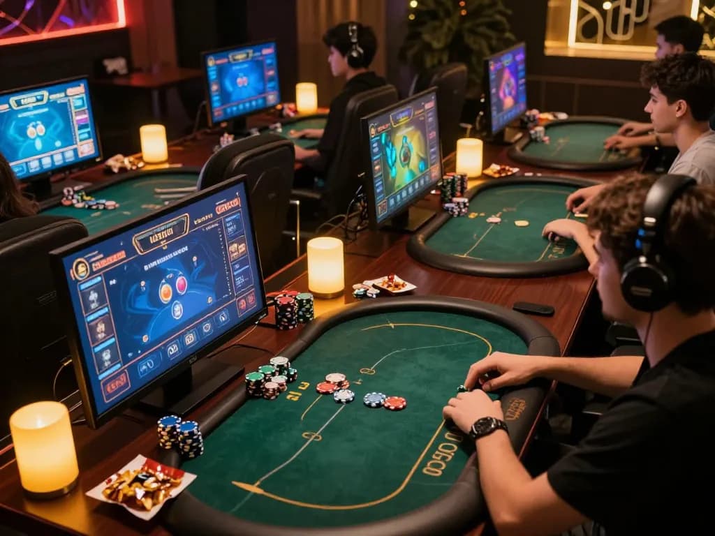 Gamer playing poker on multiple screens showcasing GG88 COM online gaming experience.
