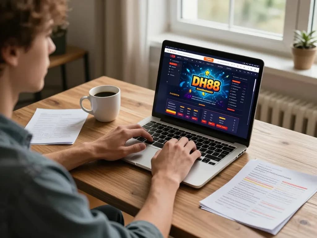 Player engaged with DH88 online casino on laptop in a cozy home environment, focused and strategizing.
