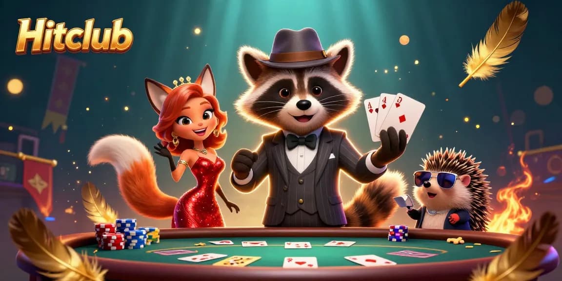 Hitclub presents a cartoon casino scene where a suave raccoon and companions showcase a royal flush, amidst vibrant poker glory.