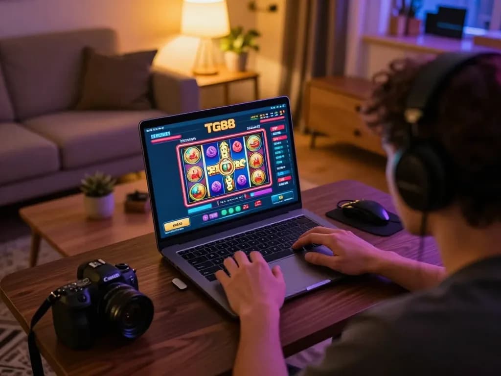 Tg88 players engaging in online gaming, showing a vibrant laptop screen with a colorful slot game interface.