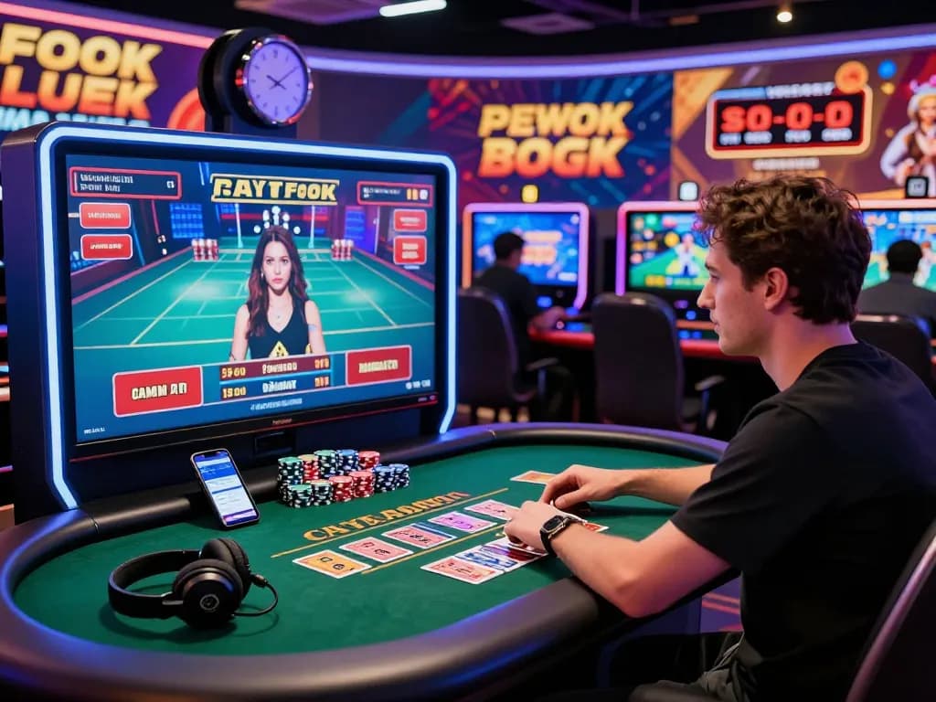 Engaging online casino scene featuring player at MM88 betting table with chips and vibrant LED lights.
