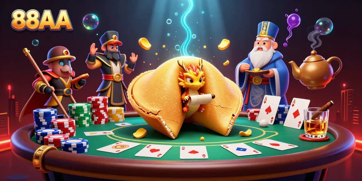 Incorporate the essence of 88AA by immersing players in a vibrant poker scene with a fortune cookie and a wise dragon.