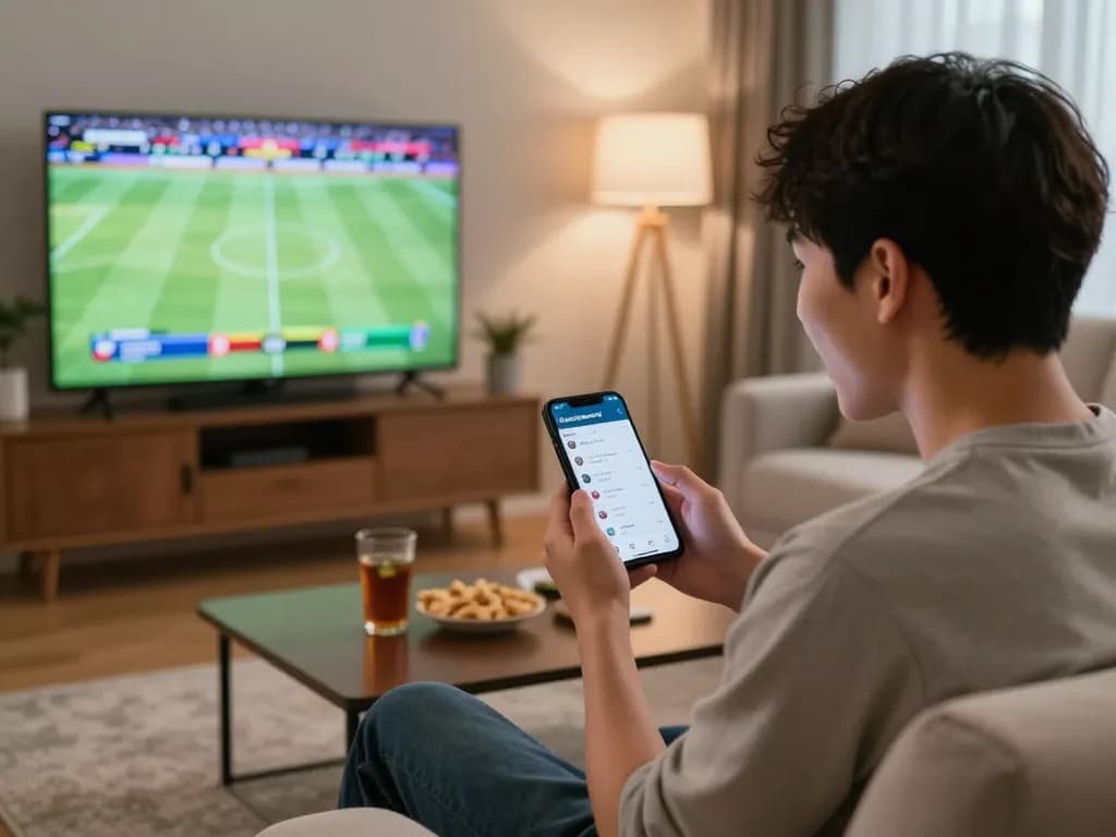 Engaged bettor using keonhacai app on smartphone while watching live sports, showcasing an exciting atmosphere