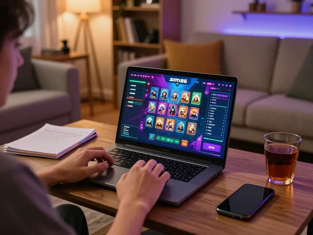 Player engaging with sam86 platform on laptop showcasing vibrant game interface and cozy gaming space
