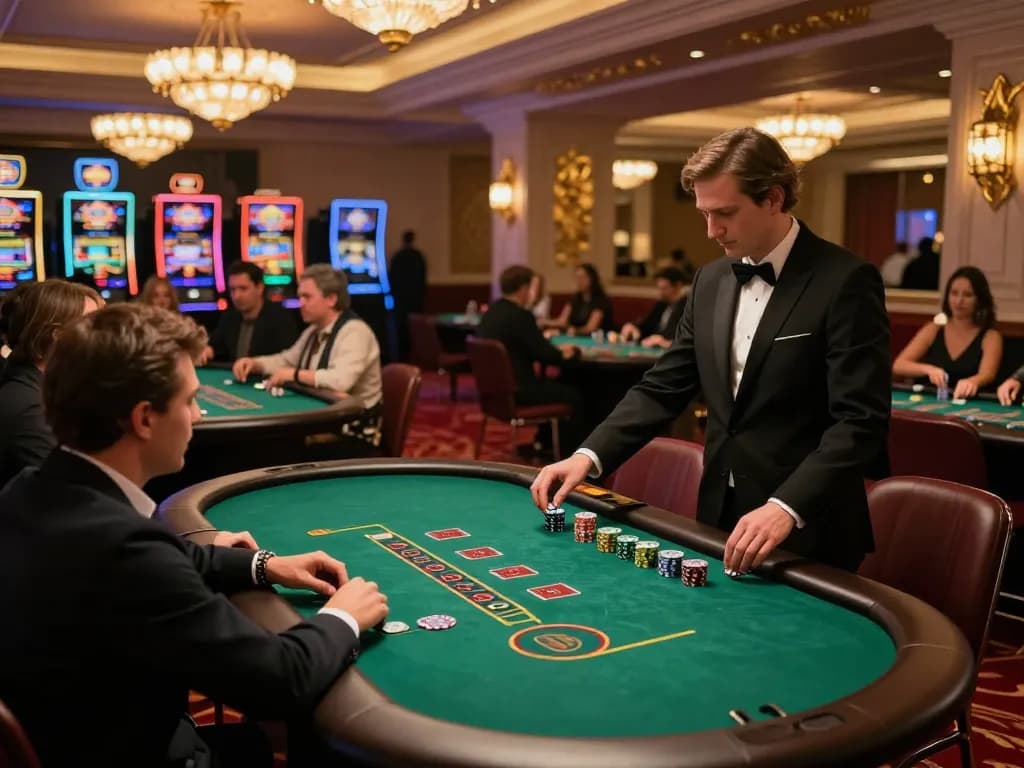 Exciting LV88 gaming scene with players engaging at blackjack tables in a luxurious casino atmosphere.