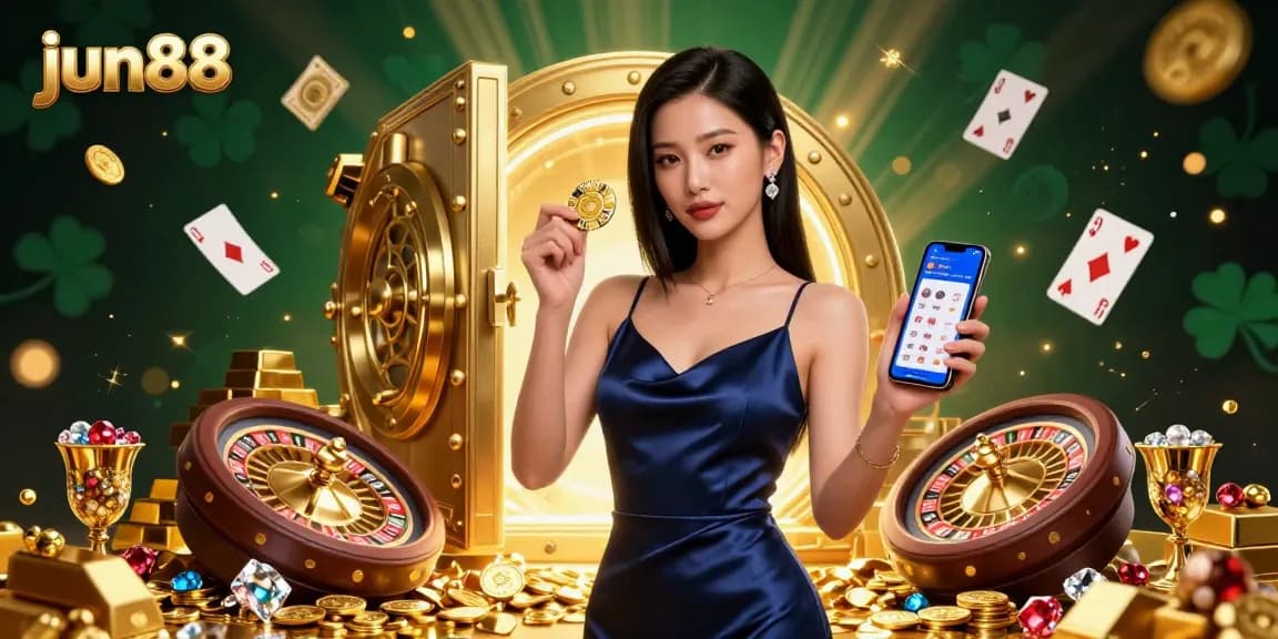 Experience thrilling gaming at jun88 with luxurious visuals and vibrant casino elements, featuring a confident Asian woman.