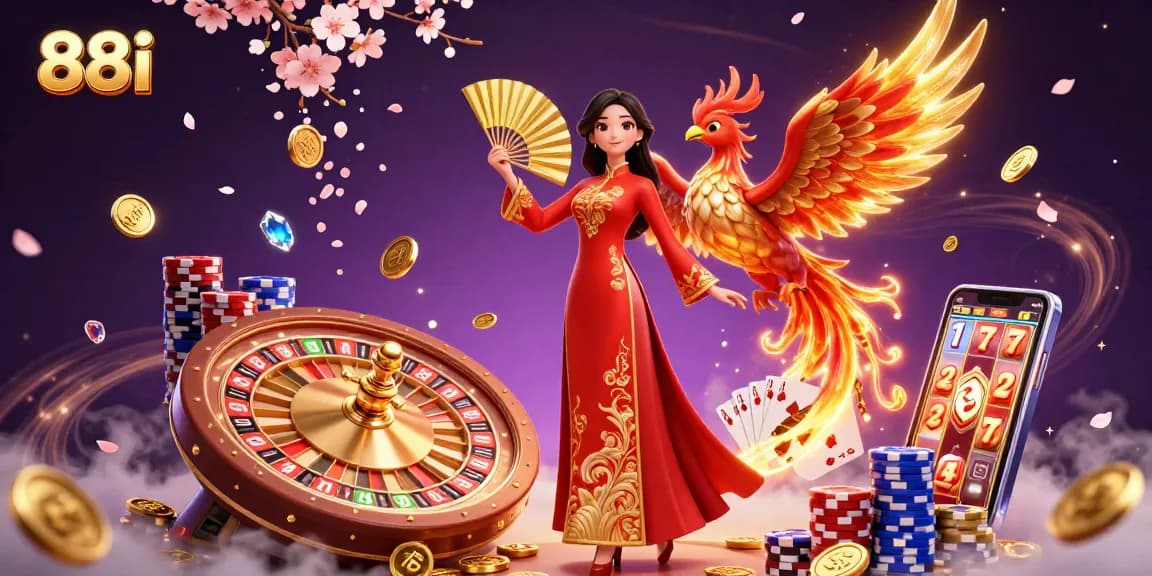 Experience thrilling action at 88i with a captivating woman in ao dai and golden coins cascading in the air.