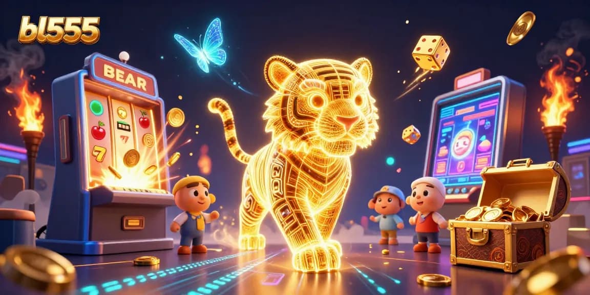 Engage with bl555's thrilling casino atmosphere featuring a golden tiger and jackpot elements.