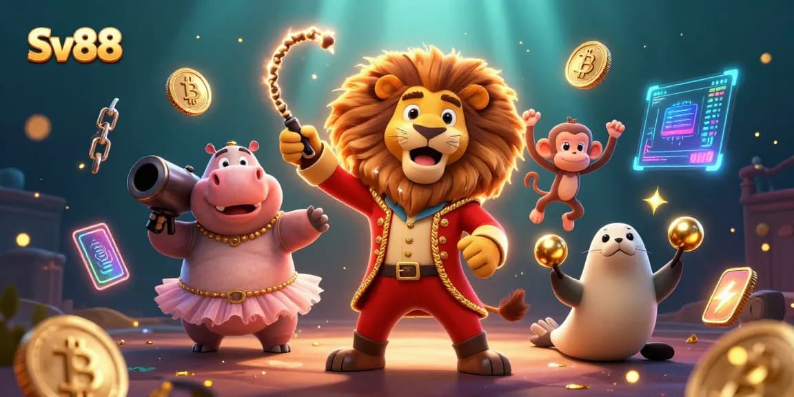 Engage with Sv88's vibrant casino scene featuring whimsical characters and crypto elements.