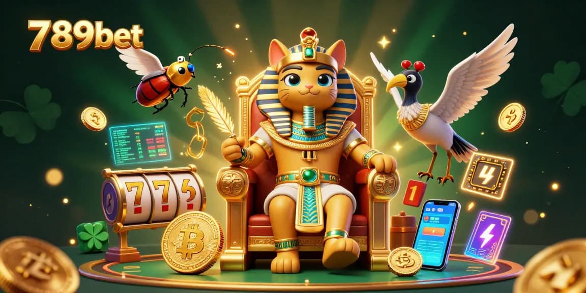 Tham gia cá cược tại 789bet với hình ảnh mô tả pharaoh mèo và các biểu tượng sòng bạc sống động.