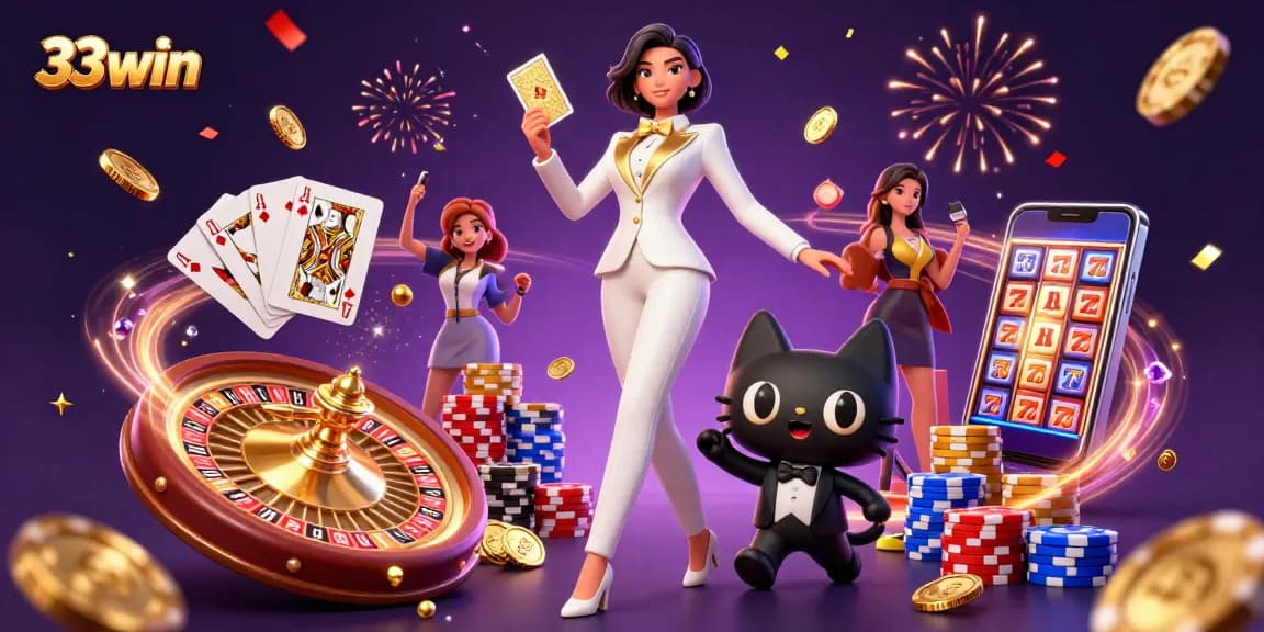 Experience the thrill of 33win casino with our glamorous gaming illustration featuring card shuffling and sparkling coins.