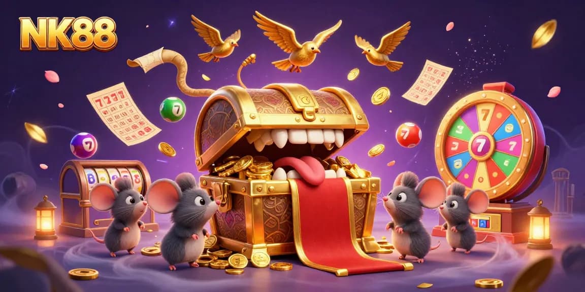 Experience excitement at NK88 with vibrant slot reels and gold coins in an enchanting scene.