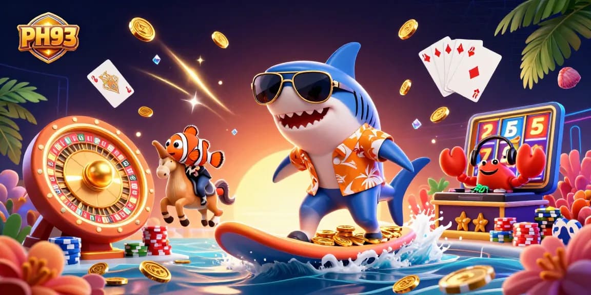 Experience thrilling wins at PH33 with a vibrant 3D illustration featuring dynamic casino elements and engaging characters.