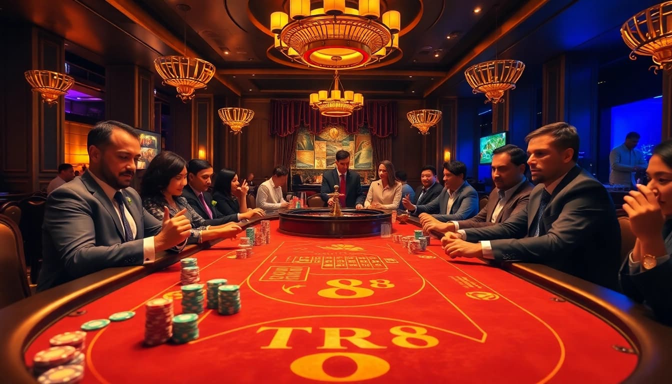 A thrilling poker game at a casino table showcasing TR88 chips, vibrant ambiance, and excited players.