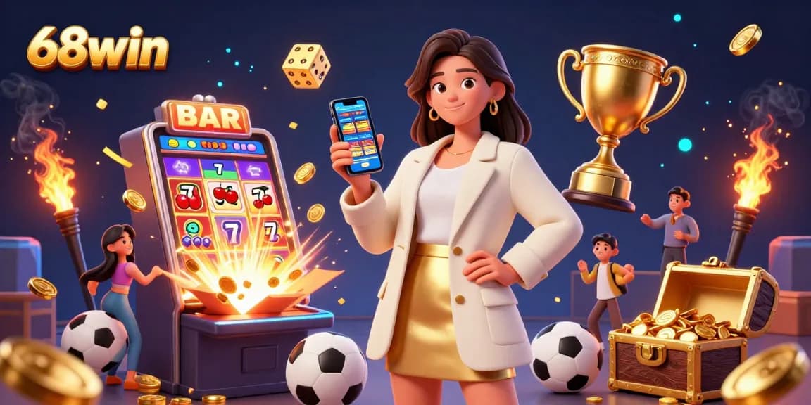 Engaging 68win sports betting scene with a woman, trophies, and vibrant casino elements.