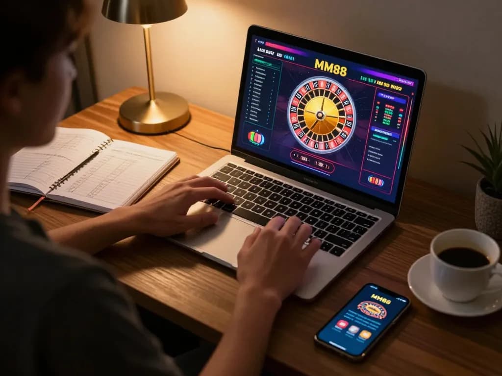 Engaged player enjoying MM88 live dealer roulette on a cozy home gaming setup.