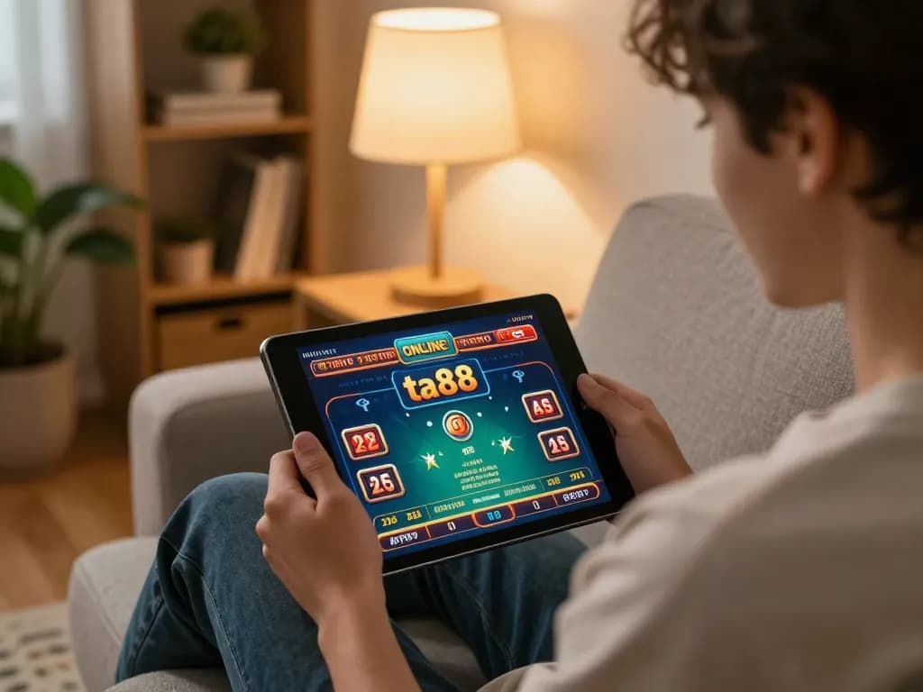 Player engaging with ta88 online casino on tablet, celebrating a game win in a cozy home setting.