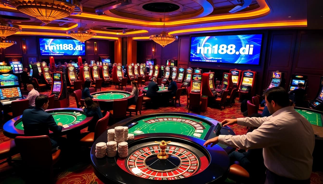Win big at N188 with professional gambling experiences, showcasing vibrant casino atmosphere.