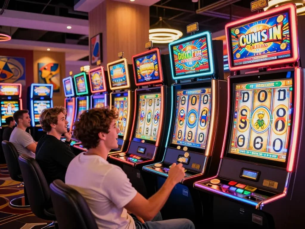 Players enjoying the thrilling slot machines at mb66 casino, celebrating wins in vibrant atmosphere.