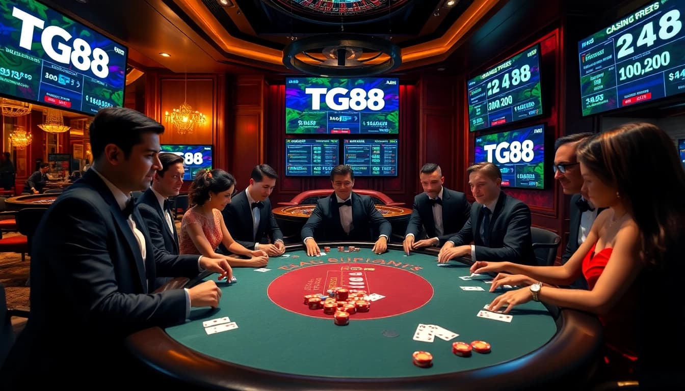 Engaging scene of high-stakes poker players enjoying a TG88 casino experience with vibrant decor.