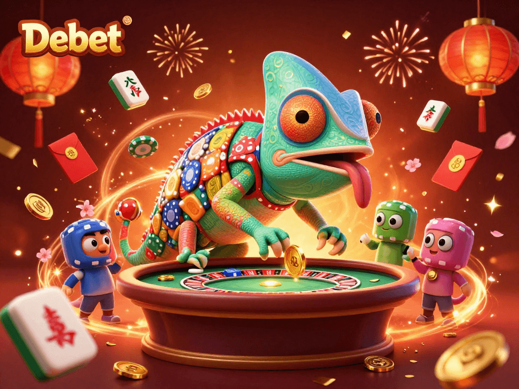 Engage with Debet: A vibrant chameleon casino owner snatches golden coins amidst colorful gambling elements.