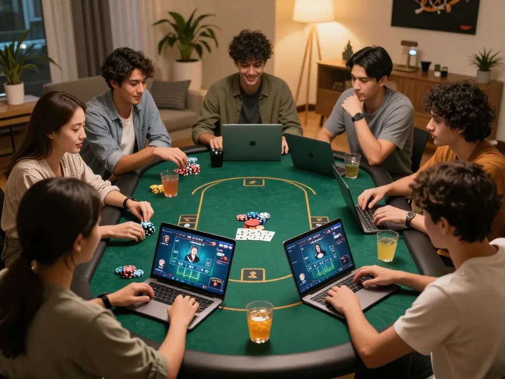 Players engaging in an online poker game on their laptops, showcasing 79KING excitement in a casual home setting.