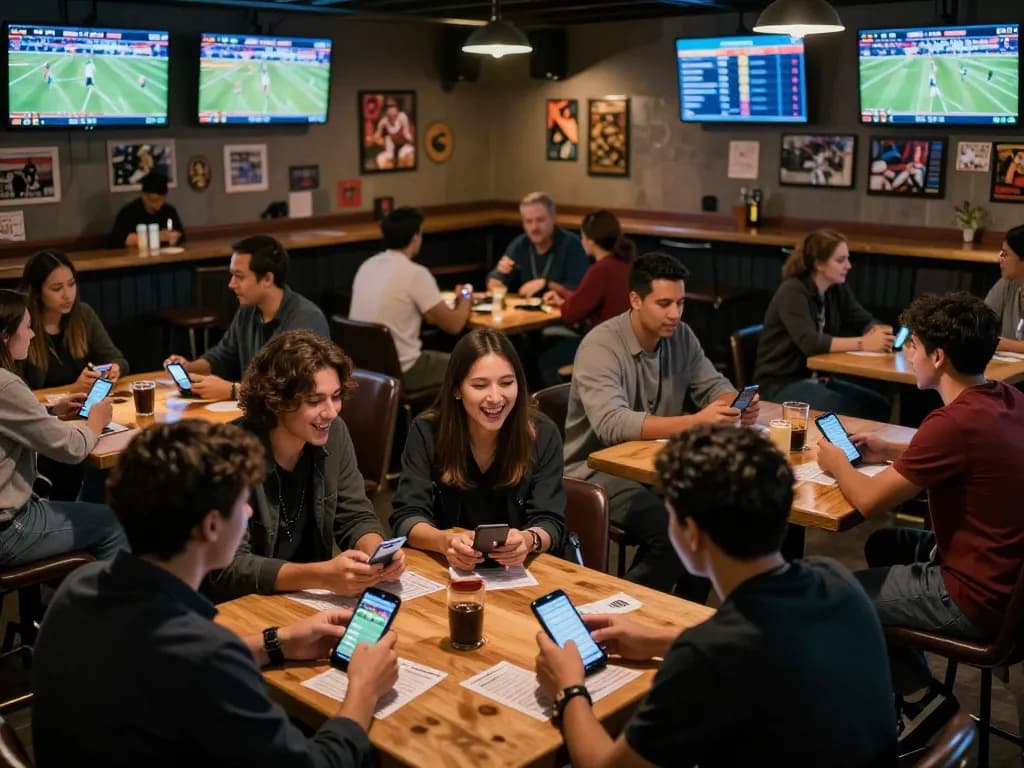 Engaged sports enthusiasts placing bets on kqbd while enjoying live matches in a lively sports bar setting.