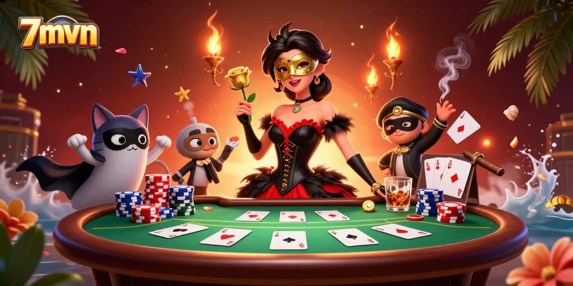 Players strategize at a vibrant 7mvn poker table amidst dramatic casino elements.
