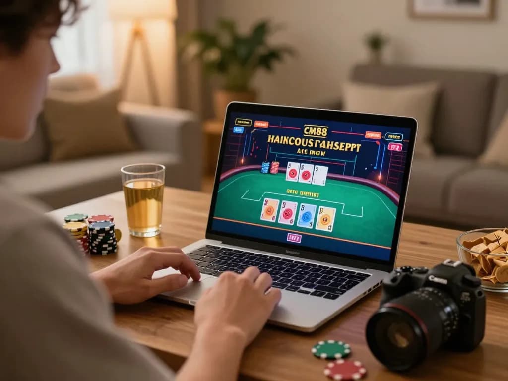 Player enjoying interactive live dealer games at cm88 online casino, laptop screen showing poker action.