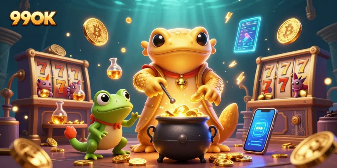 Engage with 99OK's vibrant 3D casino scene featuring characters turning base metals into golden rewards.