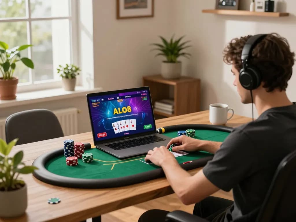 Player engaging with ALO8 poker game on laptop in cozy home environment