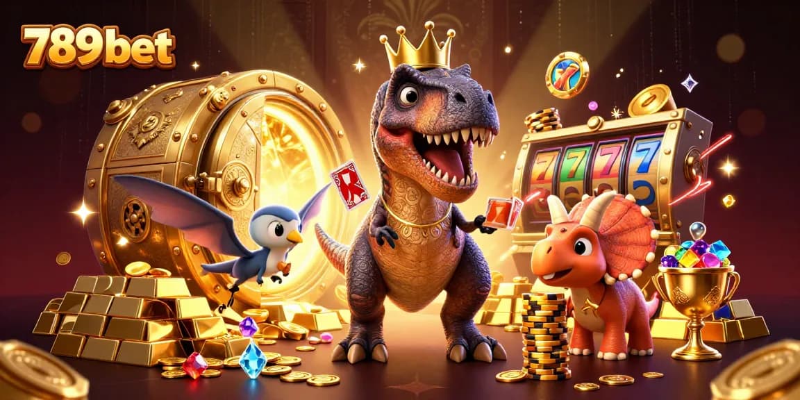 Experience the thrill of 789 bet with a T-Rex dealing cards and a Triceratops stacking chips amidst gold and gems.