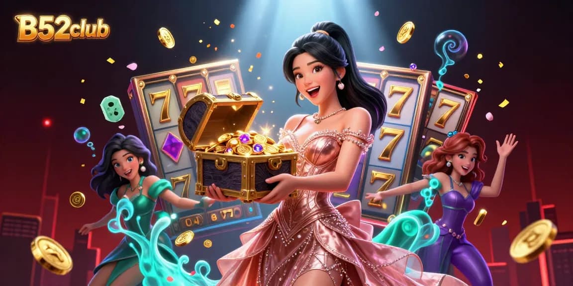 B52club showcases thrilling jackpots with a joyful Asian woman presenting treasures and dynamic gaming elements.