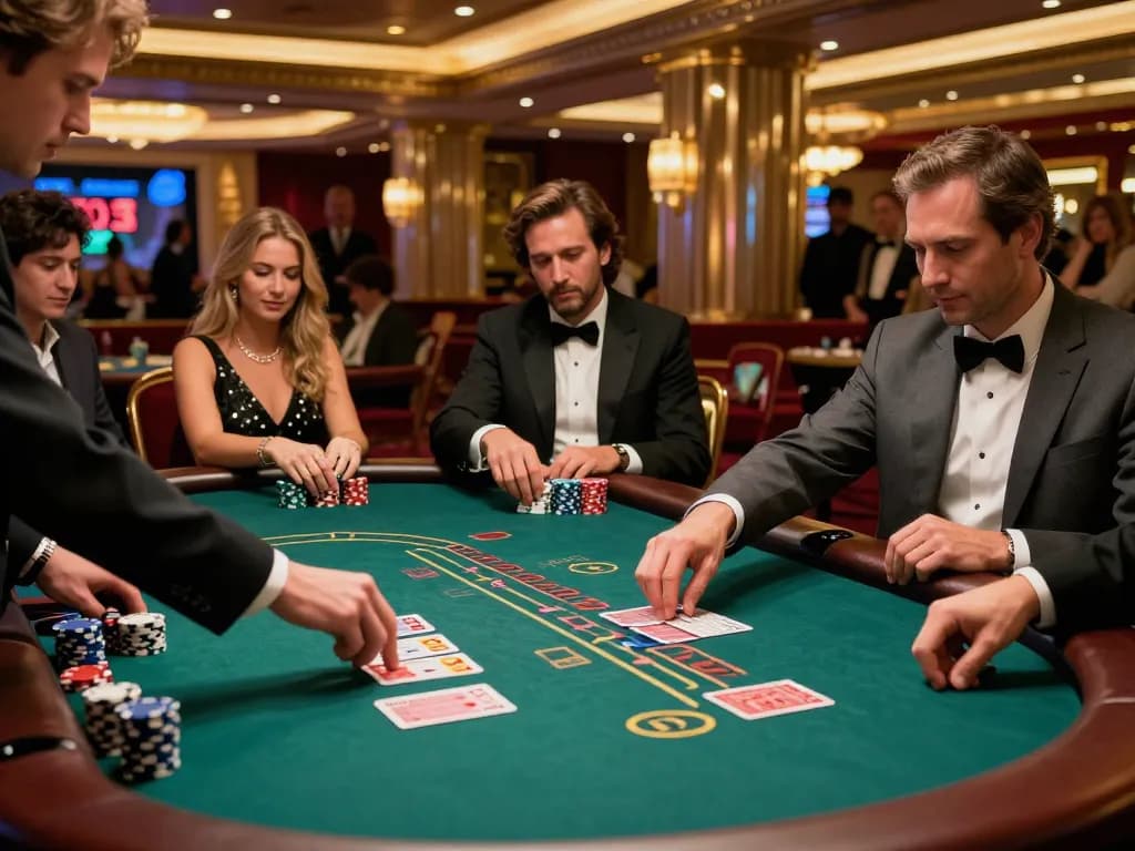 Players engaging in a strategic blackjack game at a luxurious casino, focused on keonhacai action.