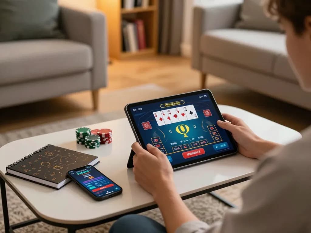 O8 player engaging with online poker on tablet, surrounded by strategy notes and a warm home atmosphere.