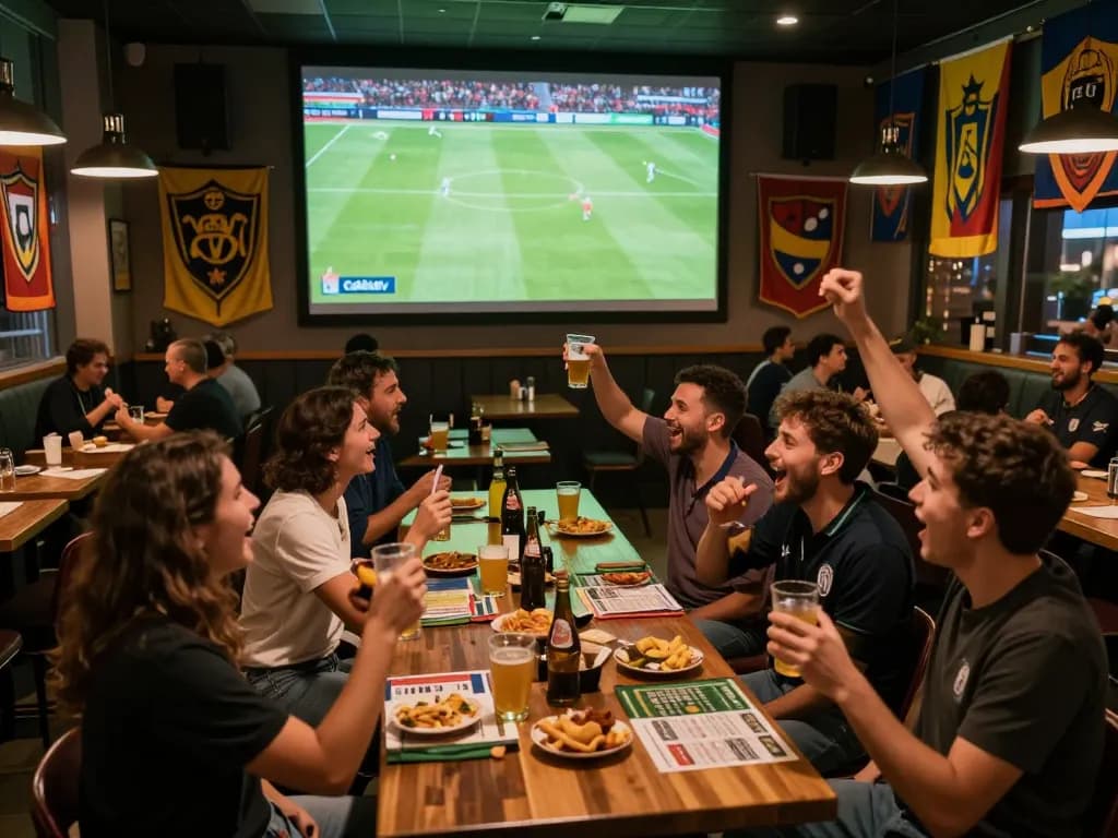 Cakhiatv fans enjoying a live soccer match in a lively sports bar atmosphere.