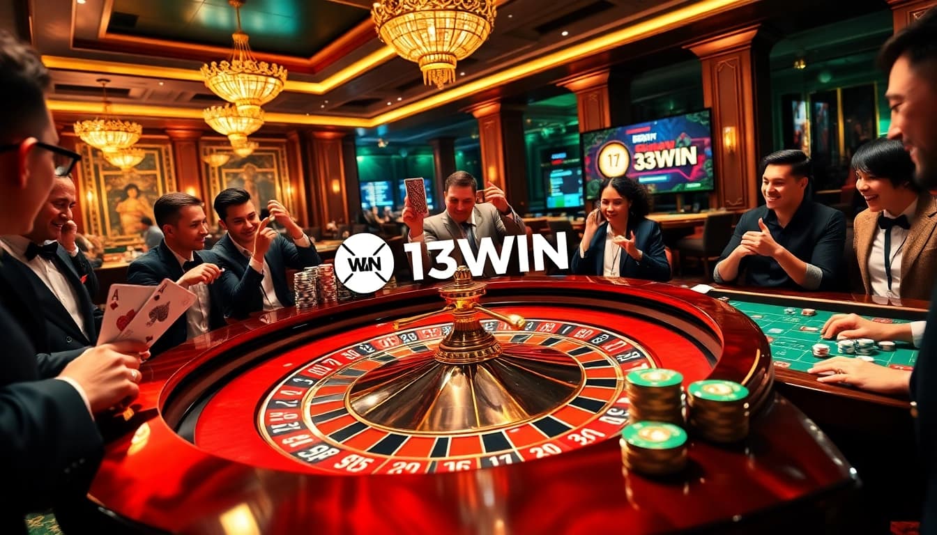 Players engaging at a roulette table with chips, showcasing the thrill of 13WIN casino.