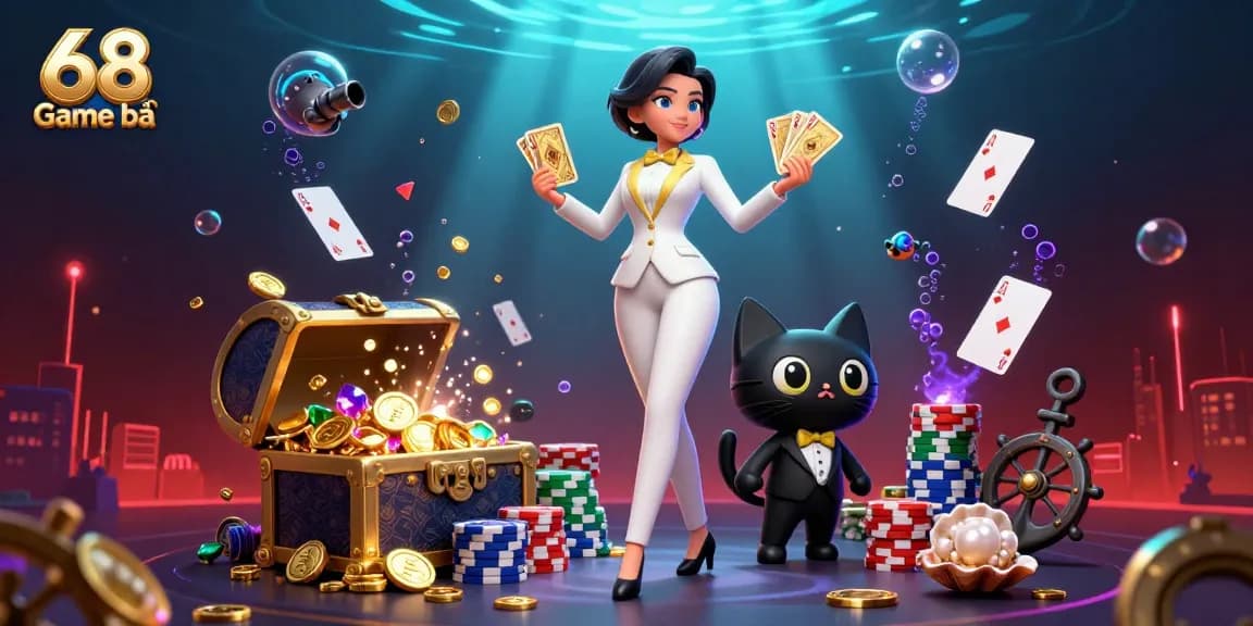 Engage with 68 Game bài as a glamorous woman shuffles golden cards in a vibrant casino setting.