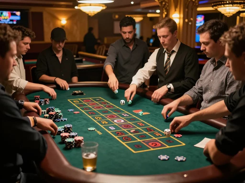 Players engaging with dice on craps table at https://cak-t.com/, capturing excitement and vibrant atmosphere in casino.