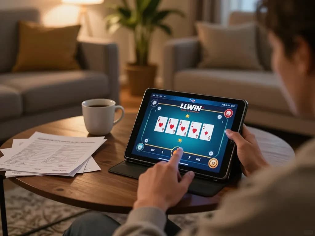Player enjoying a LLWIN poker game on tablet at home, surrounded by strategy notes and a cozy atmosphere.
