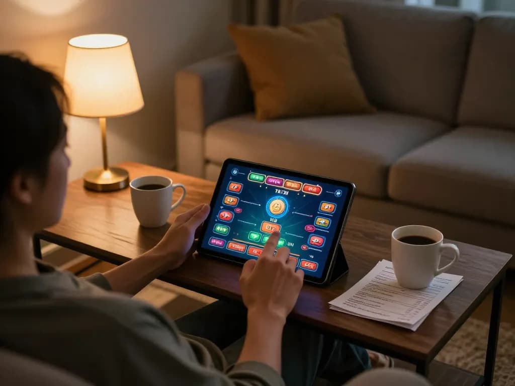 Tài xỉu online gameplay displayed on a tablet while relaxing at home.