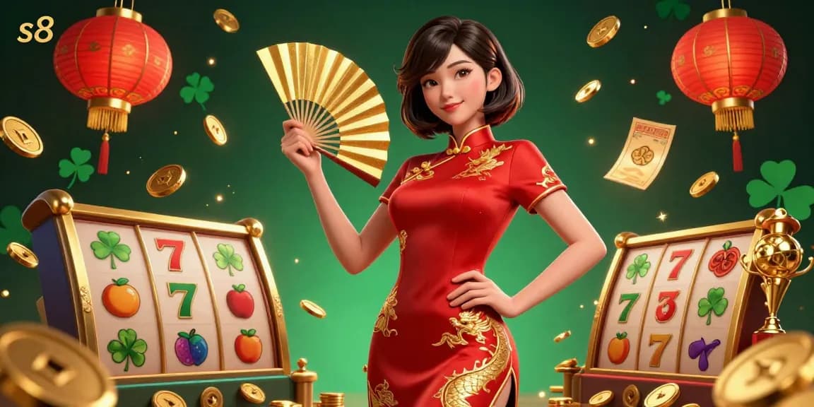 S8 immersive slots experience with a confident Asian woman showcasing a golden fan, surrounded by floating coins and dynamic slot reels.