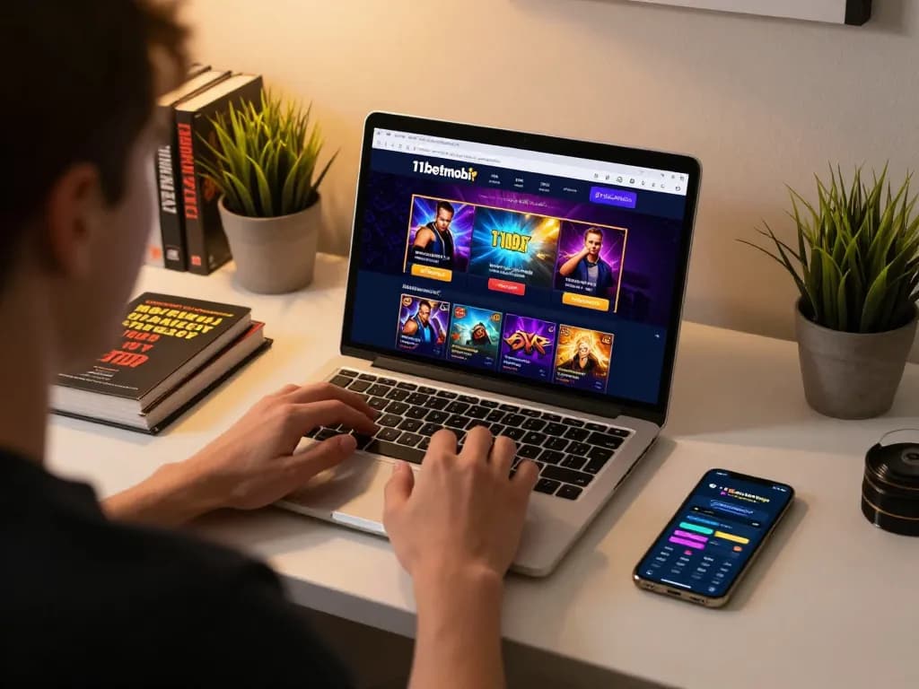 Engaged player using 11betmobi online casino on laptop in stylish workspace.