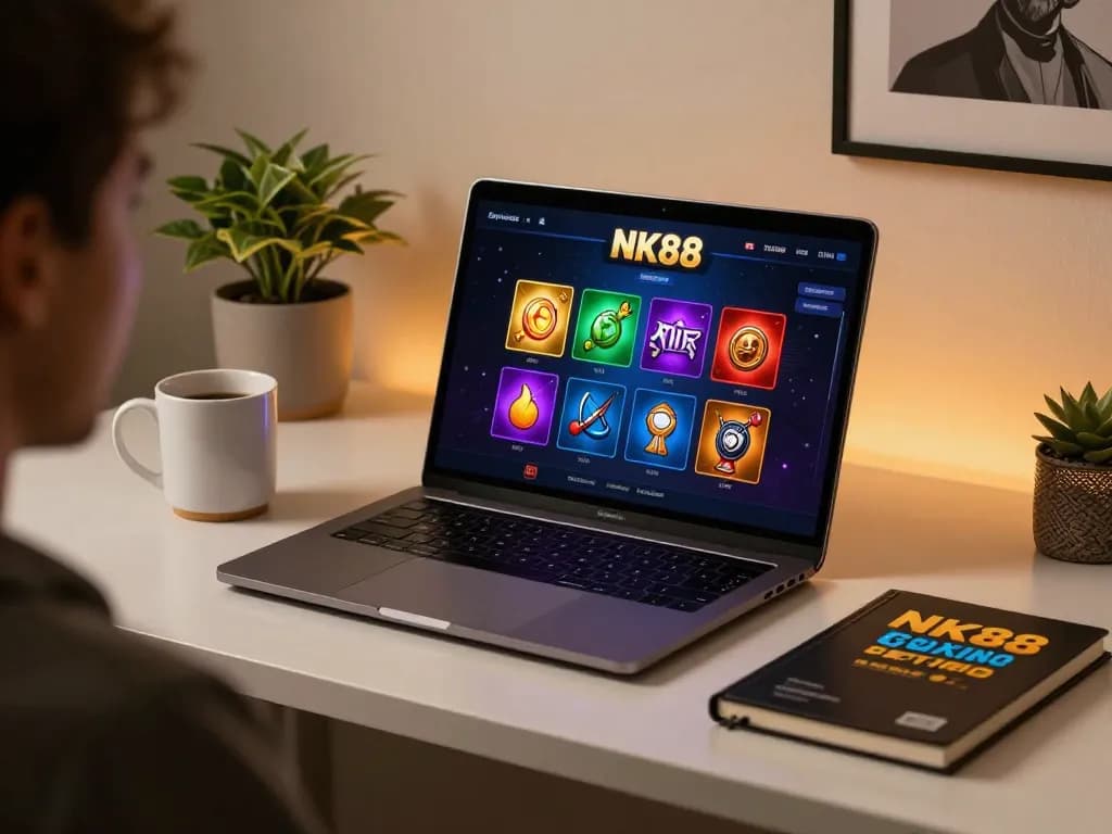 Engage with NK88’s online gaming experience on a stylish laptop with colorful game interface.