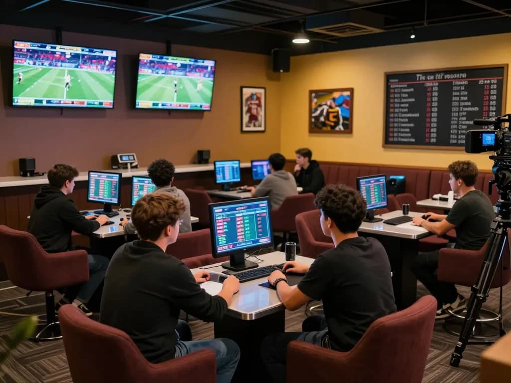 FIVE88 bettors analyzing odds and placing wagers in an energetic sports betting lounge.