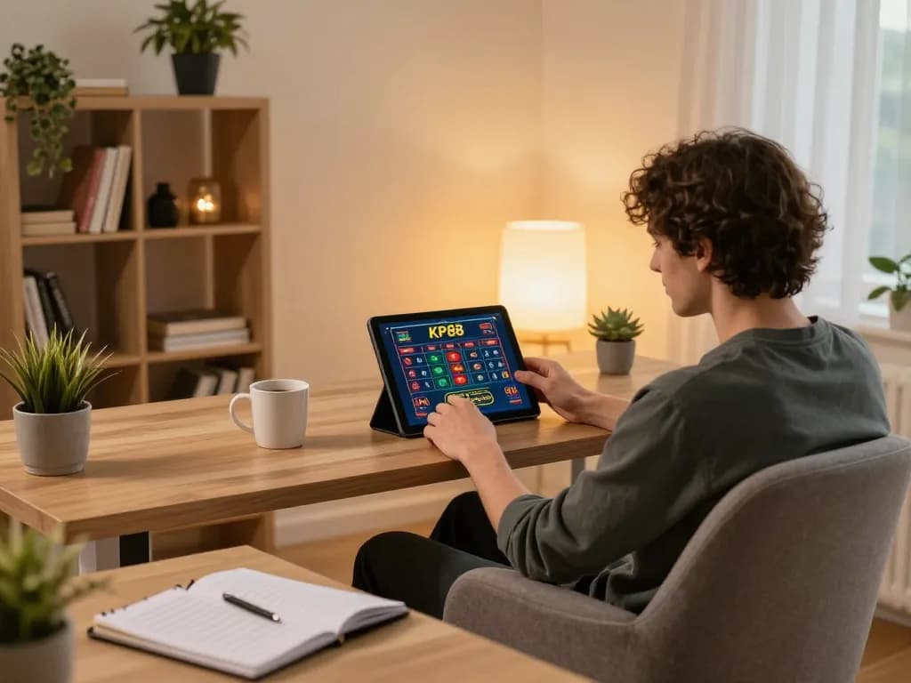 Engaged user exploring KP88 casino online on a tablet in a cozy setup.